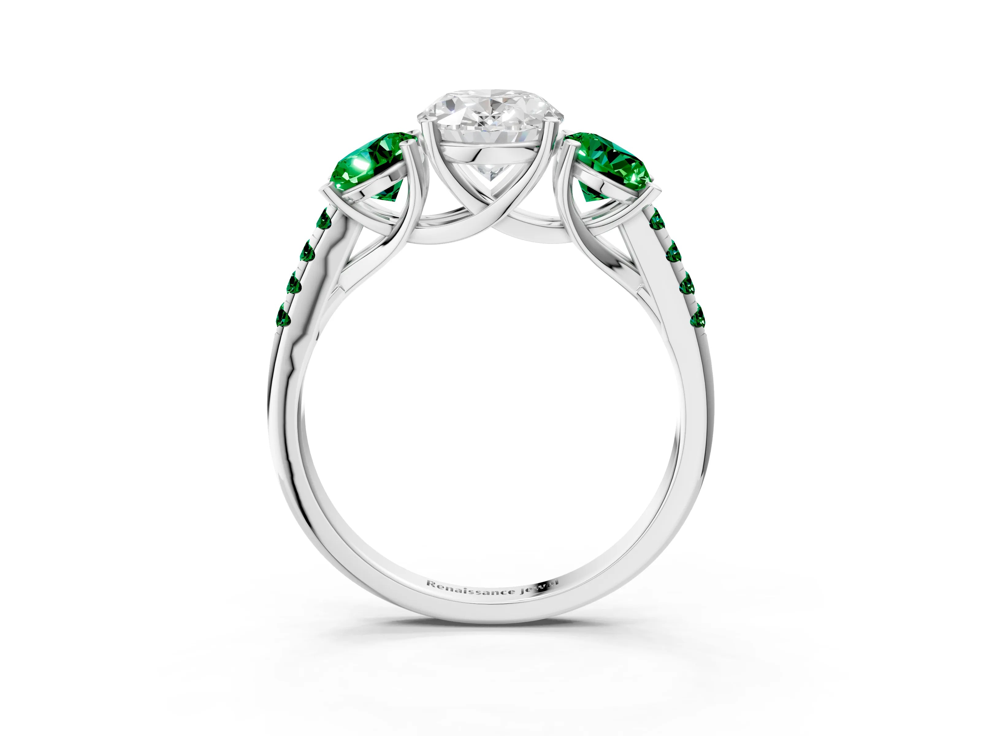 White gold Three-Stone Oval Cut Diamond Ring with Round with Emerald side stone Pavé Band and Prong Setting_3