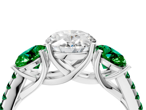 White gold Three-Stone Oval Cut Diamond Ring with Round with Emerald side stone Pavé Band and Prong Setting_4