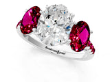 White gold Three-Stone Oval Cut Diamond Ring with Round with Garnet side stone Pavé Band and Prong Setting_1