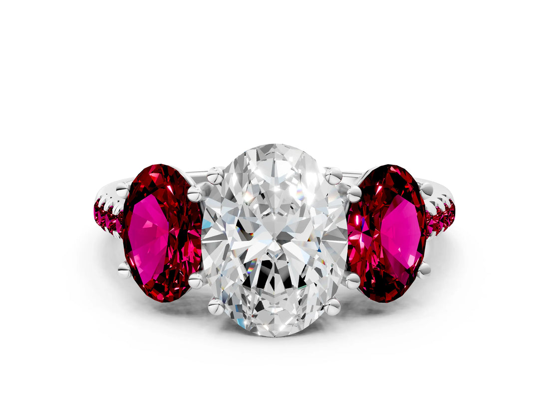 White gold Three-Stone Oval Cut Diamond Ring with Round with Garnet side stone Pavé Band and Prong Setting_12