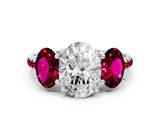 White gold Three-Stone Oval Cut Diamond Ring with Round with Garnet side stone Pavé Band and Prong Setting_12