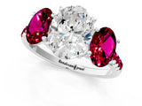 White gold Three-Stone Oval Cut Diamond Ring with Round with Garnet side stone Pavé Band and Prong Setting_13
