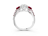 White gold Three-Stone Oval Cut Diamond Ring with Round with Garnet side stone Pavé Band and Prong Setting_15
