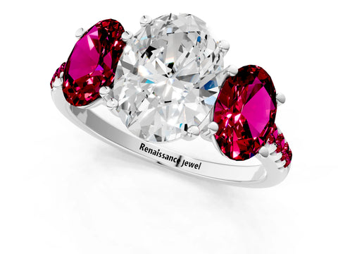 White gold Three-Stone Oval Cut Diamond Ring with Round with Garnet side stone Pavé Band and Prong Setting_1
