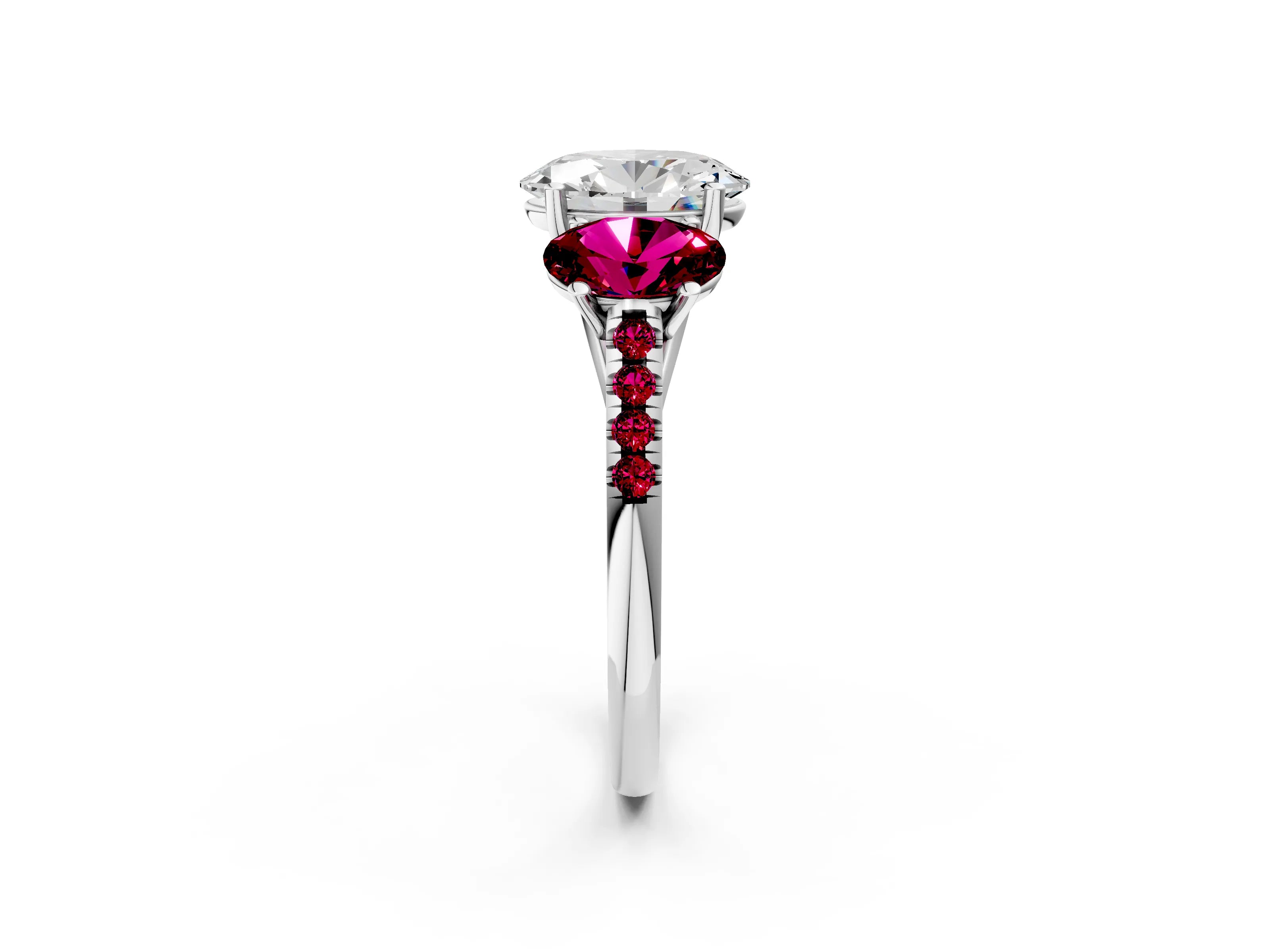 White gold Three-Stone Oval Cut Diamond Ring with Round with Garnet side stone Pavé Band and Prong Setting_2