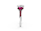 White gold Three-Stone Oval Cut Diamond Ring with Round with Garnet side stone Pavé Band and Prong Setting_2