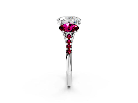 White gold Three-Stone Oval Cut Diamond Ring with Round with Garnet side stone Pavé Band and Prong Setting_2