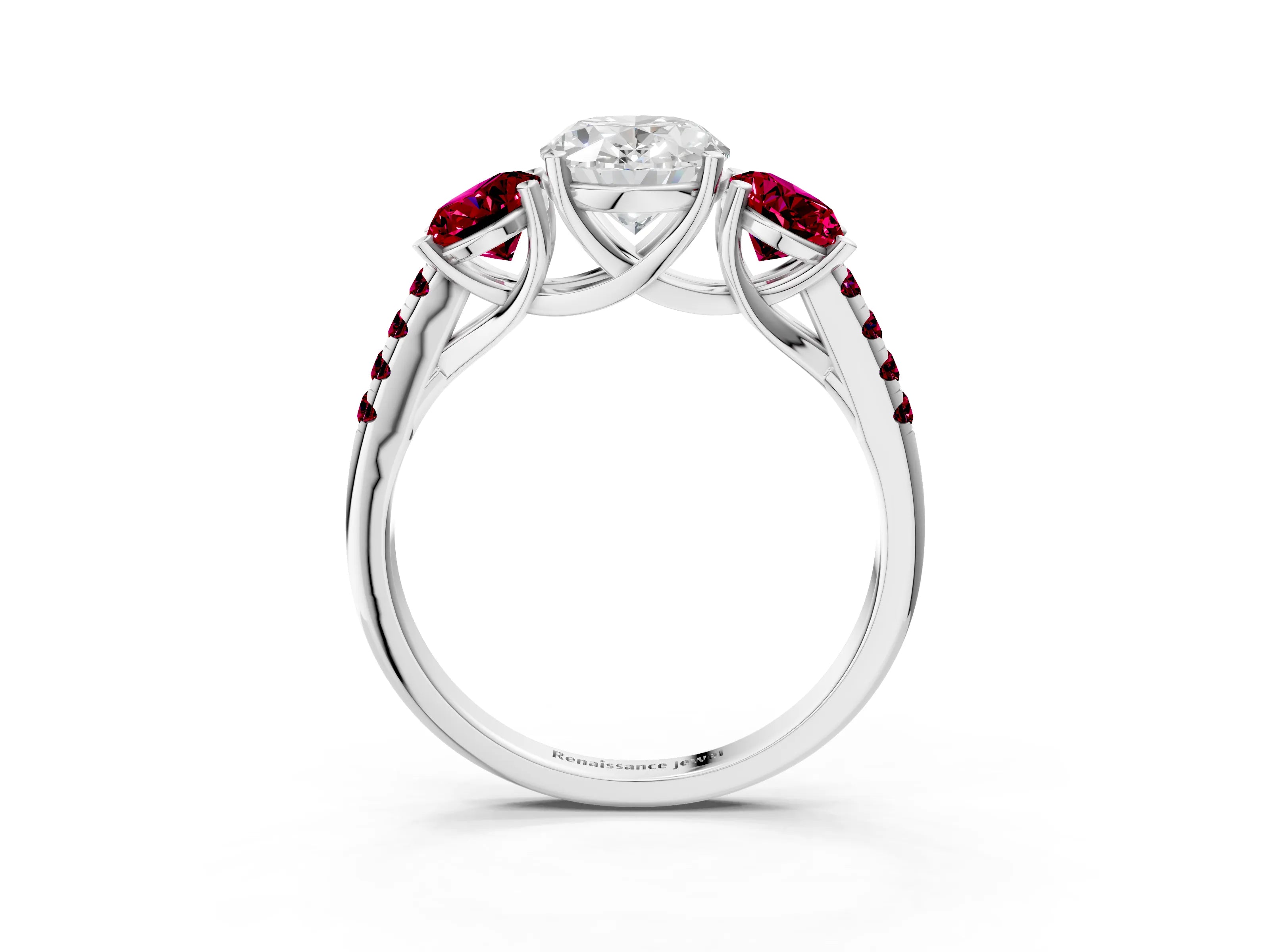 White gold Three-Stone Oval Cut Diamond Ring with Round with Garnet side stone Pavé Band and Prong Setting_3