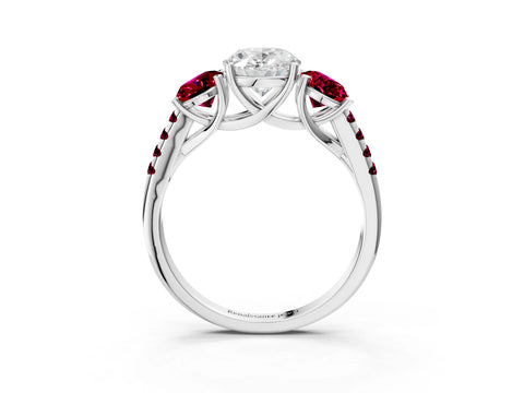 White gold Three-Stone Oval Cut Diamond Ring with Round with Garnet side stone Pavé Band and Prong Setting_3