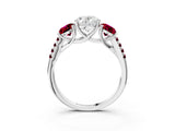 White gold Three-Stone Oval Cut Diamond Ring with Round with Garnet side stone Pavé Band and Prong Setting_3