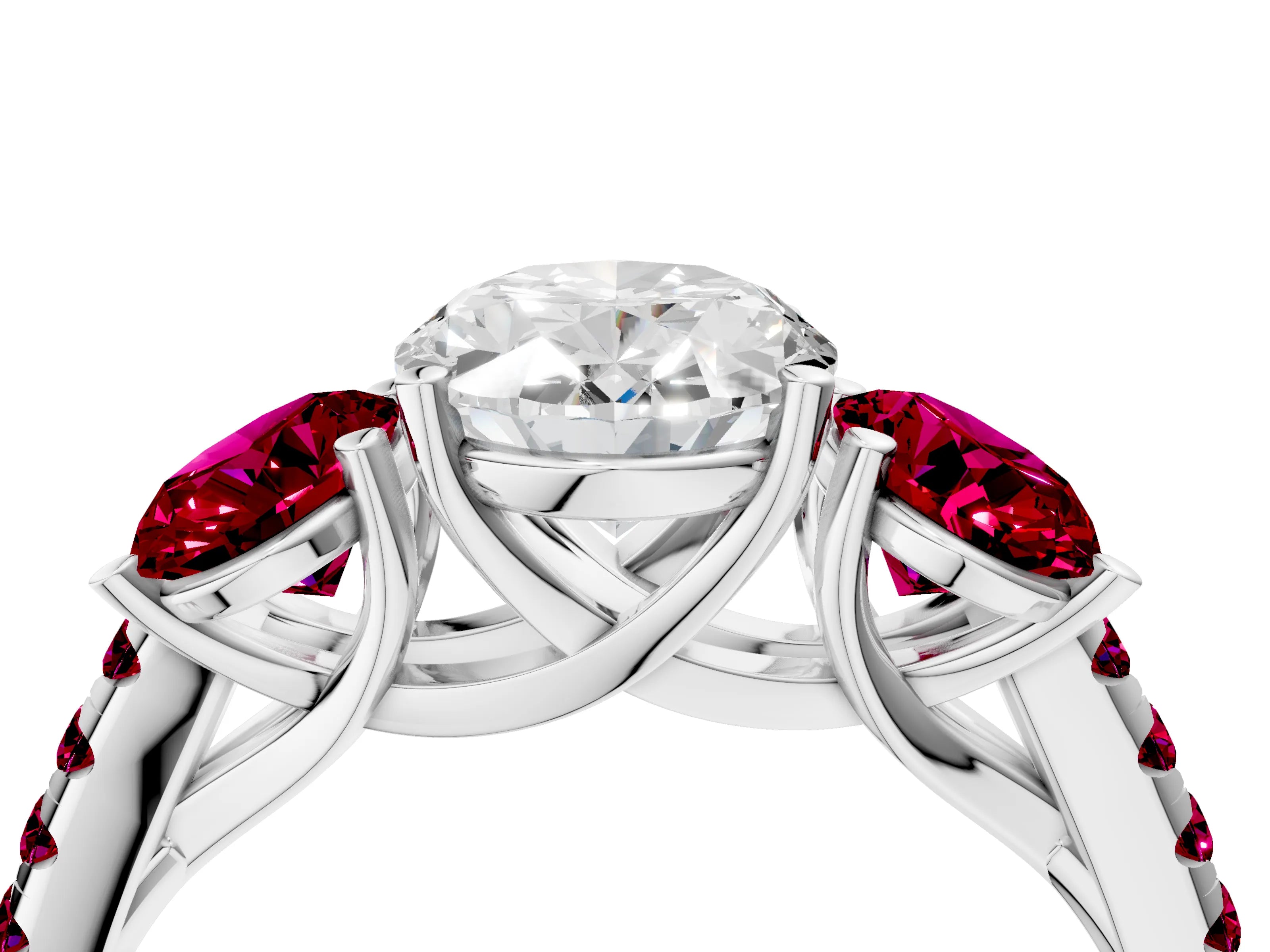 White gold Three-Stone Oval Cut Diamond Ring with Round with Garnet side stone Pavé Band and Prong Setting_4