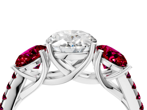 White gold Three-Stone Oval Cut Diamond Ring with Round with Garnet side stone Pavé Band and Prong Setting_4
