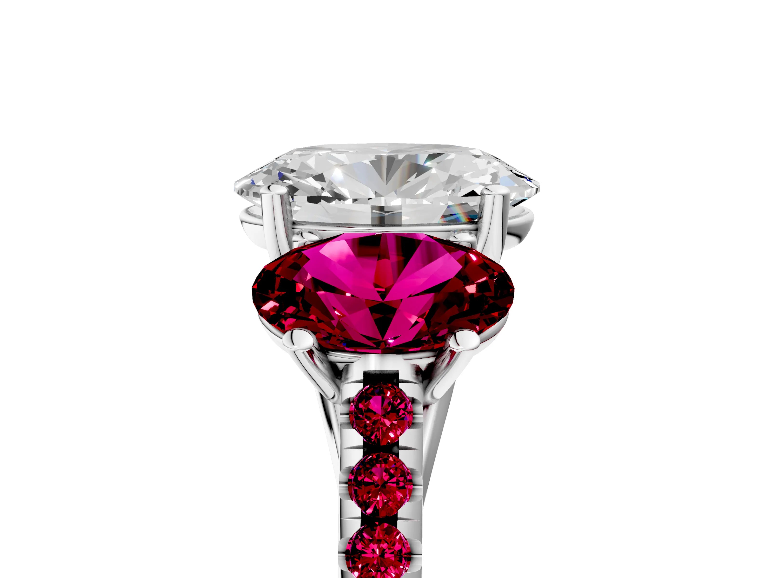 White gold Three-Stone Oval Cut Diamond Ring with Round with Garnet side stone Pavé Band and Prong Setting_5