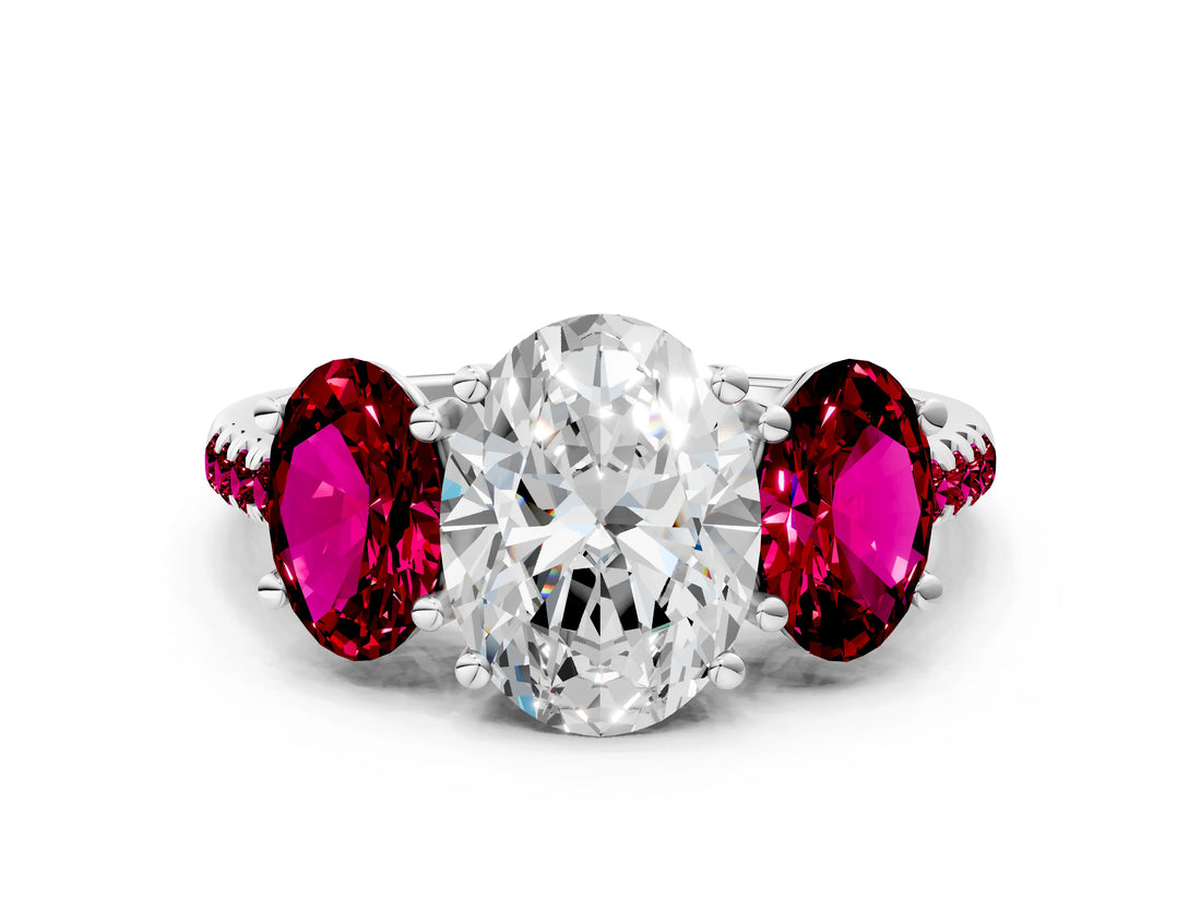 White gold Three-Stone Oval Cut Diamond Ring with Round with Garnet side stone Pavé Band and Prong Setting