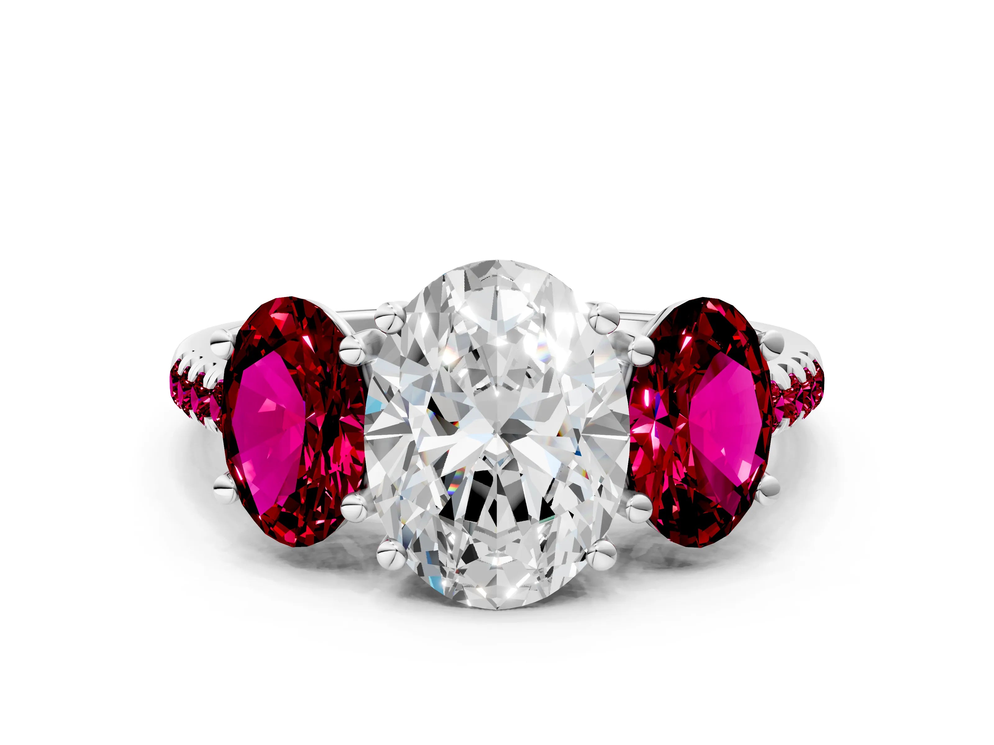 White gold Three-Stone Oval Cut Diamond Ring with Round with Garnet side stone Pavé Band and Prong Setting