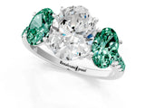 White gold Three-Stone Oval Cut Diamond Ring with Round with Green Sapphire side stone Pavé Band and Prong Setting_1