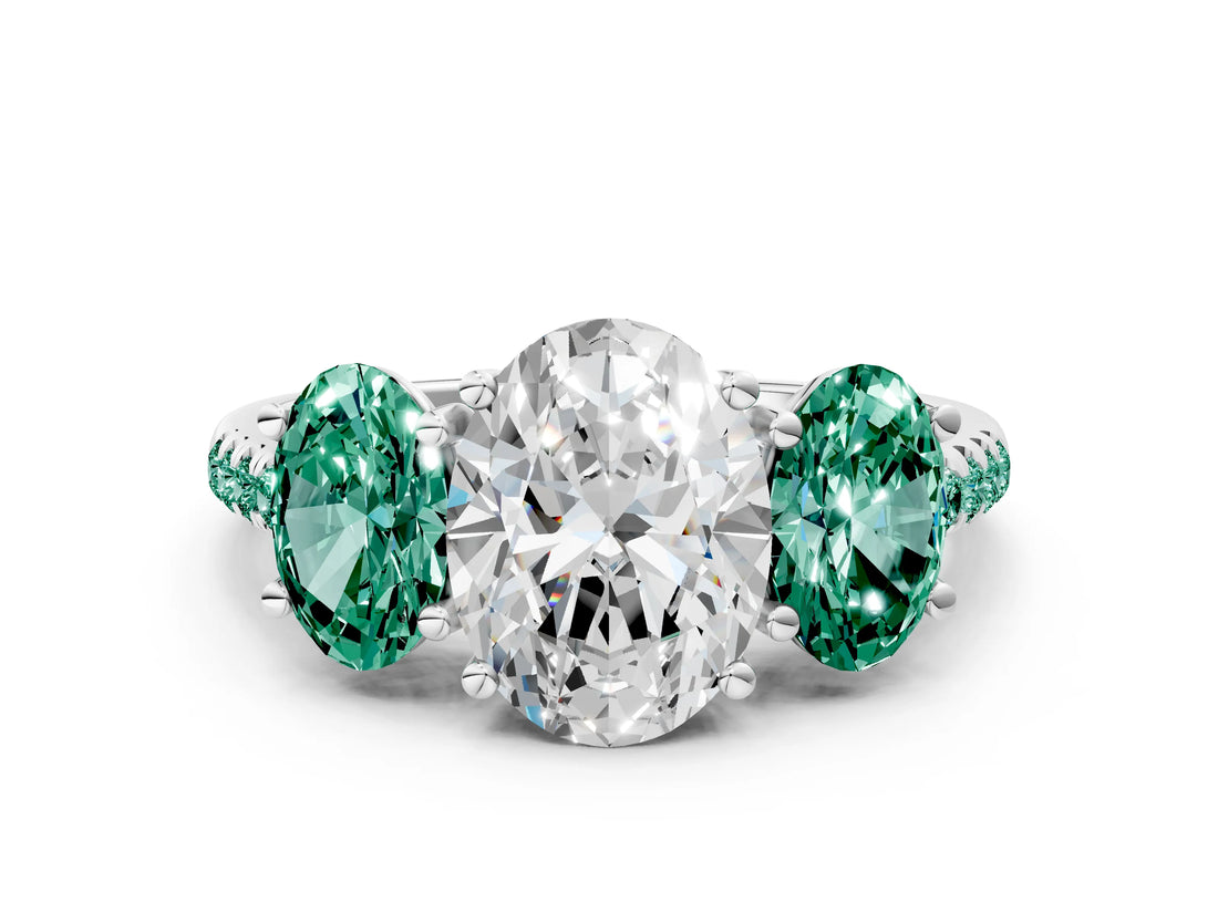 White gold Three-Stone Oval Cut Diamond Ring with Round with Green Sapphire side stone Pavé Band and Prong Setting_12
