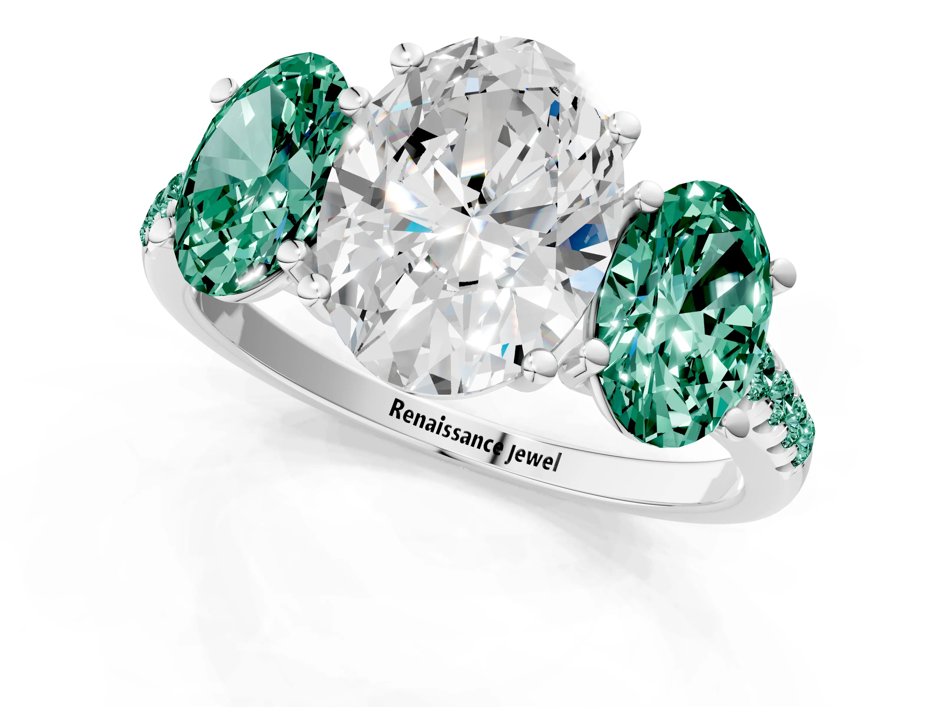 White gold Three-Stone Oval Cut Diamond Ring with Round with Green Sapphire side stone Pavé Band and Prong Setting_1