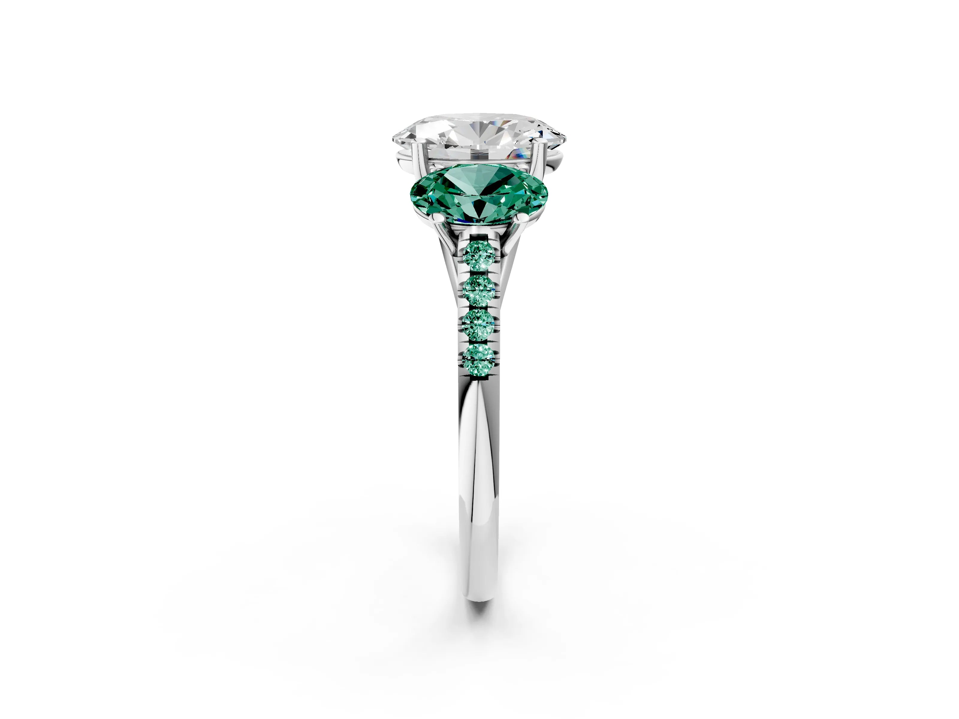 White gold Three-Stone Oval Cut Diamond Ring with Round with Green Sapphire side stone Pavé Band and Prong Setting_2