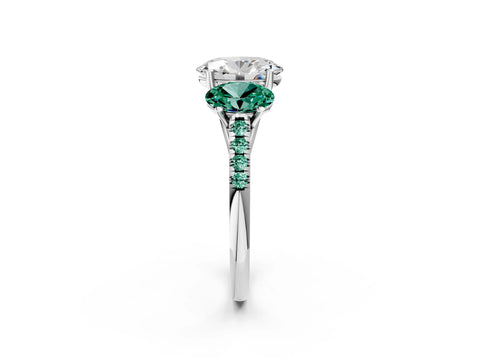 White gold Three-Stone Oval Cut Diamond Ring with Round with Green Sapphire side stone Pavé Band and Prong Setting_2