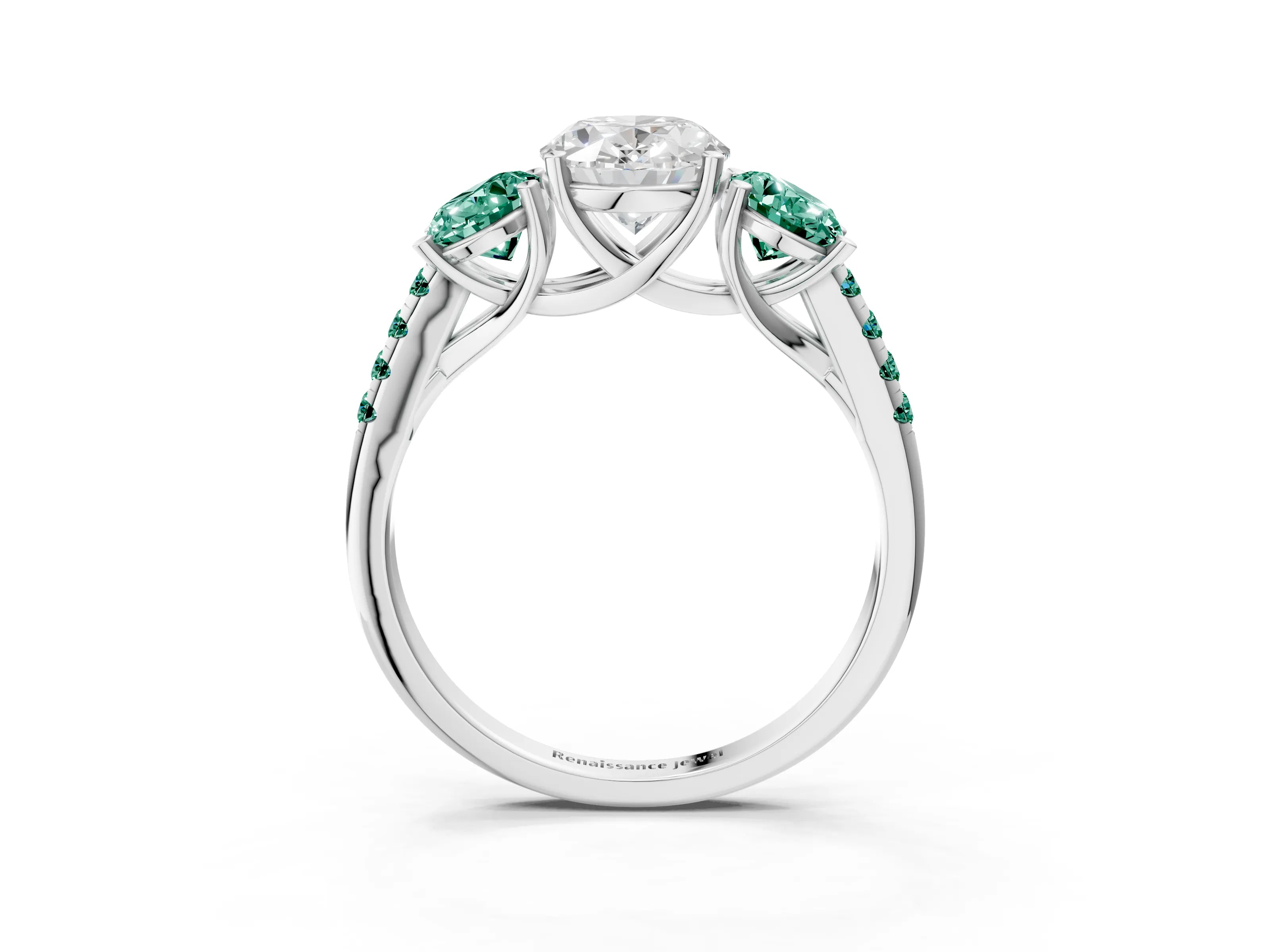 White gold Three-Stone Oval Cut Diamond Ring with Round with Green Sapphire side stone Pavé Band and Prong Setting_3