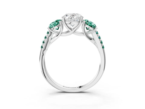 White gold Three-Stone Oval Cut Diamond Ring with Round with Green Sapphire side stone Pavé Band and Prong Setting_3