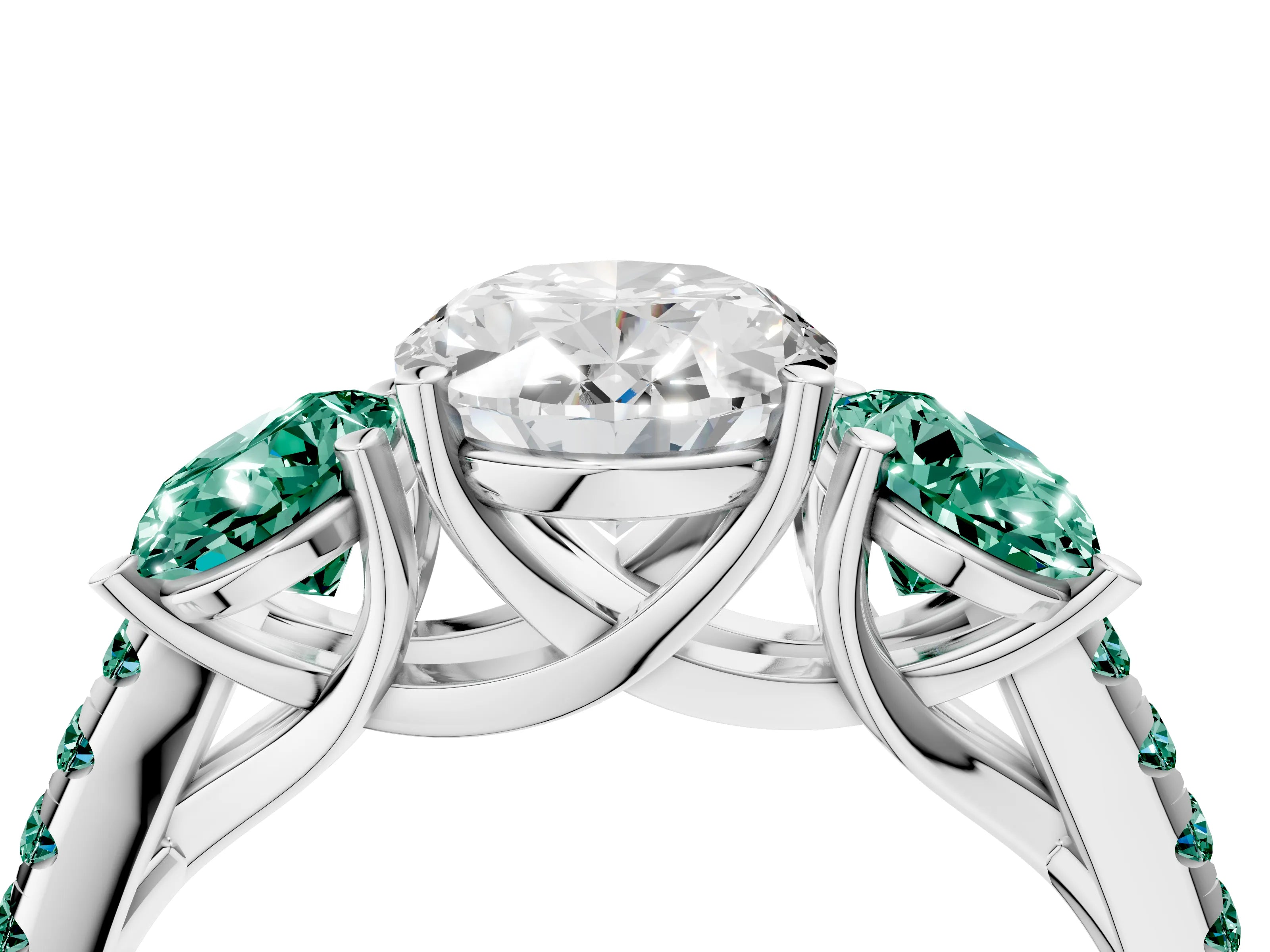 White gold Three-Stone Oval Cut Diamond Ring with Round with Green Sapphire side stone Pavé Band and Prong Setting_4