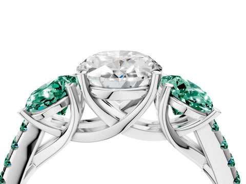 White gold Three-Stone Oval Cut Diamond Ring with Round with Green Sapphire side stone Pavé Band and Prong Setting_4