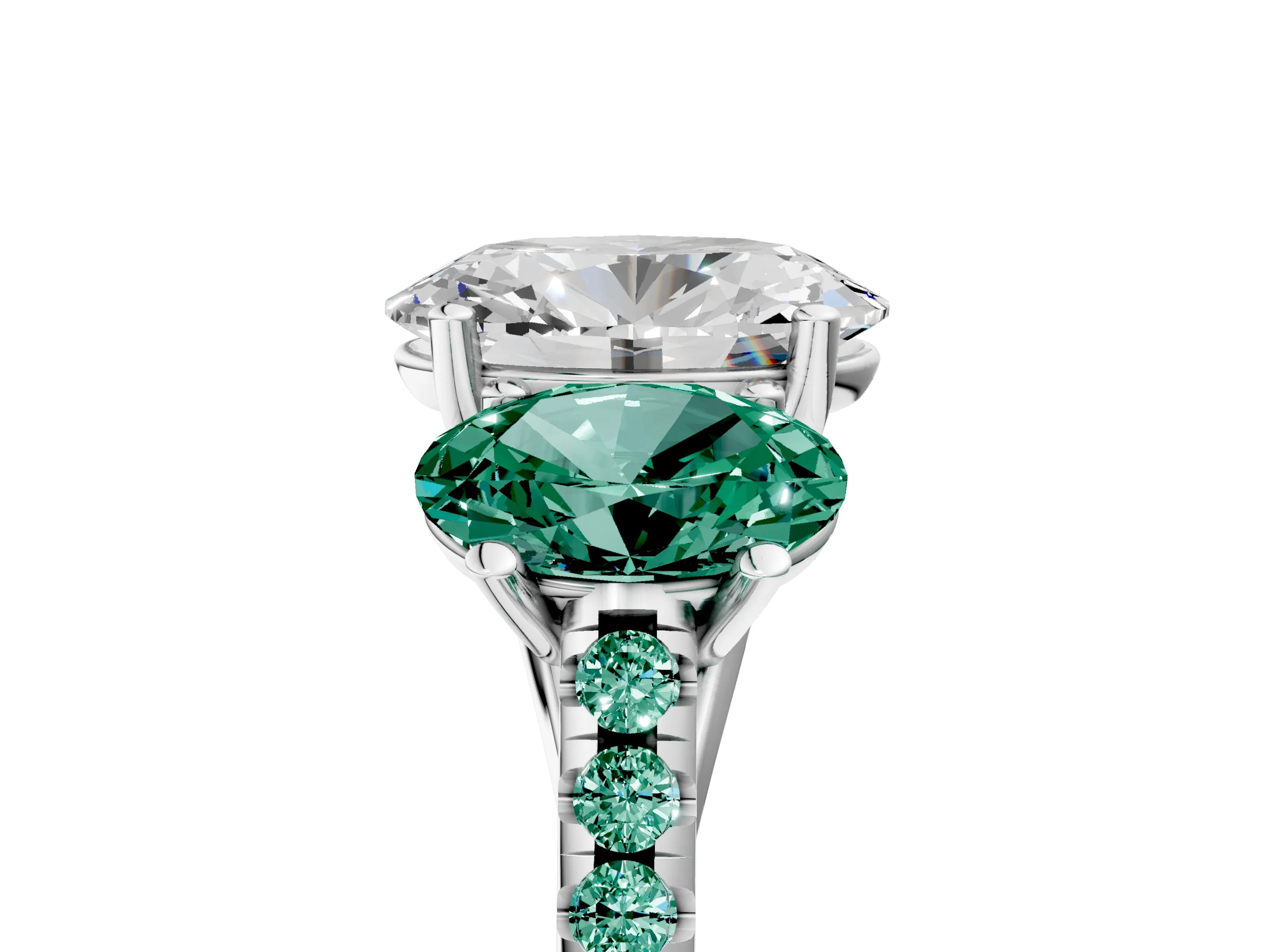 White gold Three-Stone Oval Cut Diamond Ring with Round with Green Sapphire side stone Pavé Band and Prong Setting_5