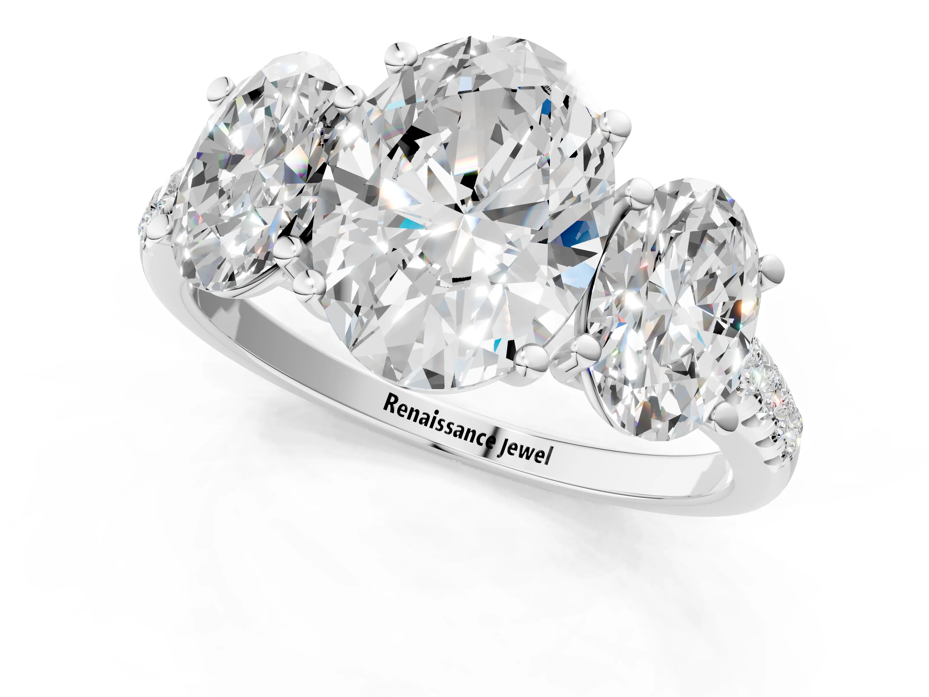 White gold Three-Stone Oval Cut Diamond Ring with Round with Moissanite side stone Pavé Band and Prong Setting_1