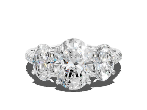 White gold Three-Stone Oval Cut Diamond Ring with Round with Moissanite side stone Pavé Band and Prong Setting
