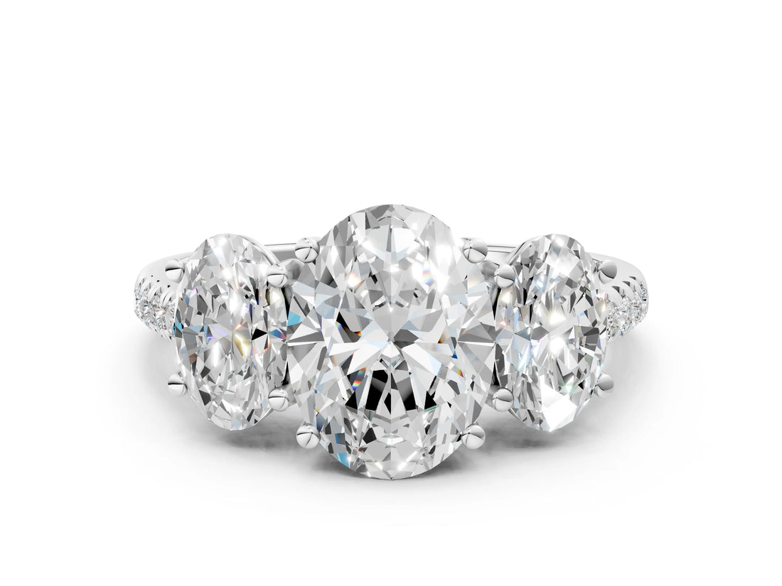 White gold Three-Stone Oval Cut Diamond Ring with Round with Moissanite side stone Pavé Band and Prong Setting_23
