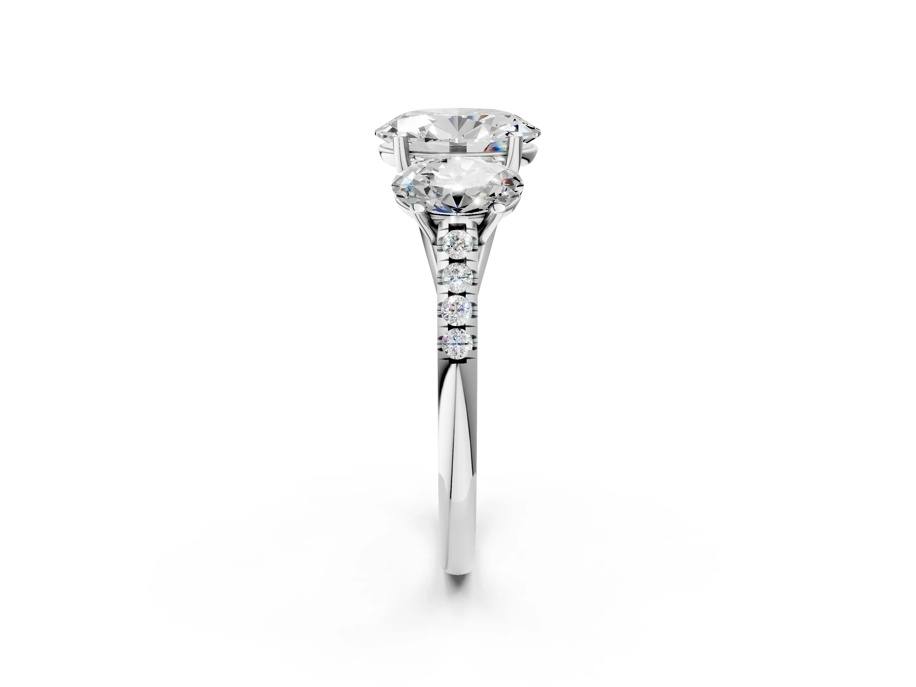 White gold Three-Stone Oval Cut Diamond Ring with Round with Moissanite side stone Pavé Band and Prong Setting_2