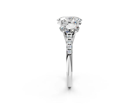 White gold Three-Stone Oval Cut Diamond Ring with Round with Moissanite side stone Pavé Band and Prong Setting_2