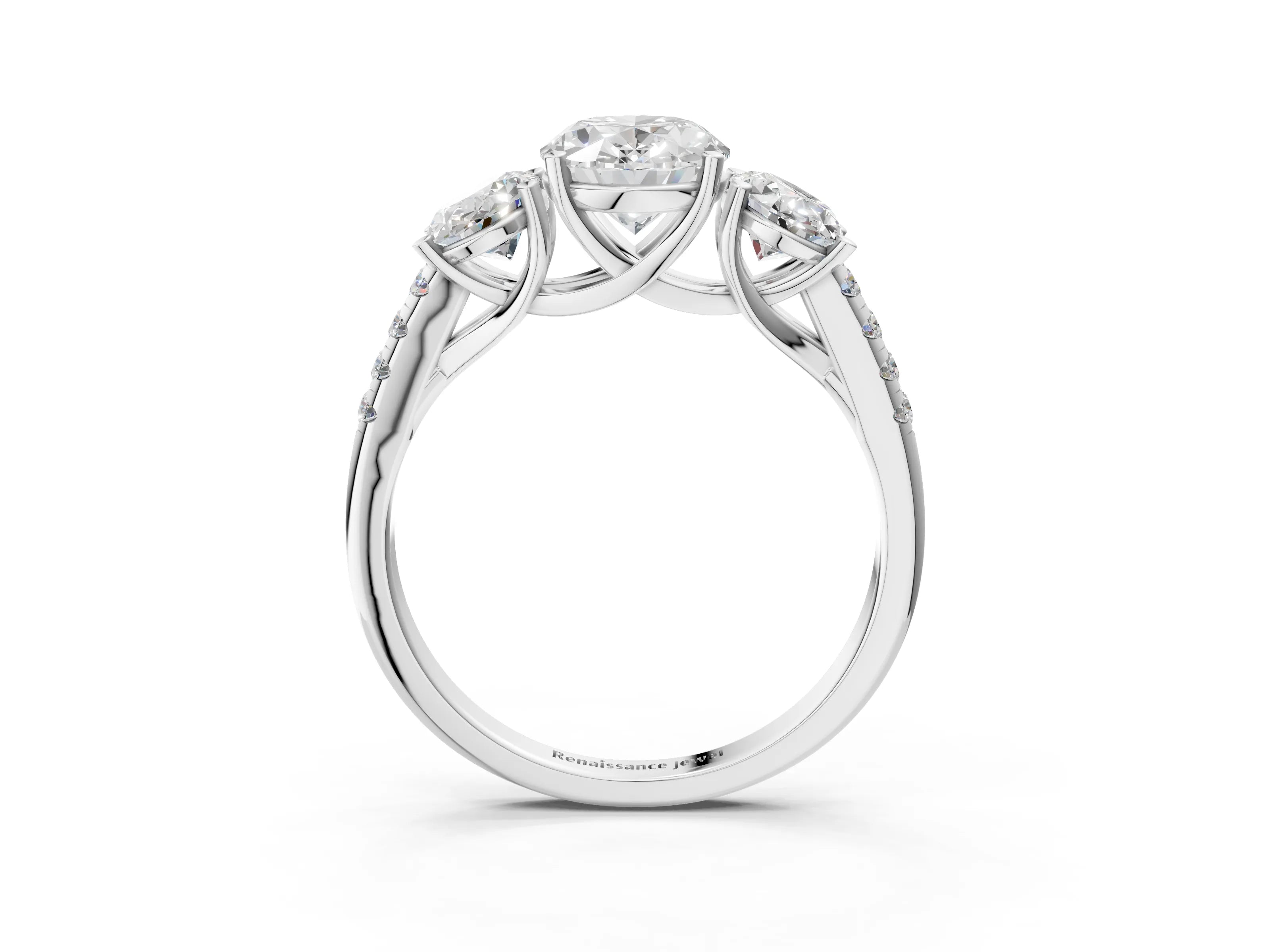 White gold Three-Stone Oval Cut Diamond Ring with Round with Moissanite side stone Pavé Band and Prong Setting_3