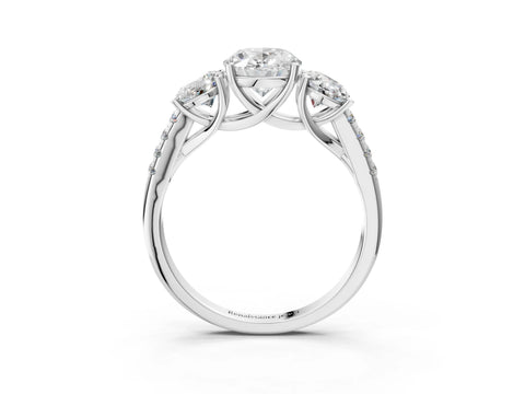 White gold Three-Stone Oval Cut Diamond Ring with Round with Moissanite side stone Pavé Band and Prong Setting_3