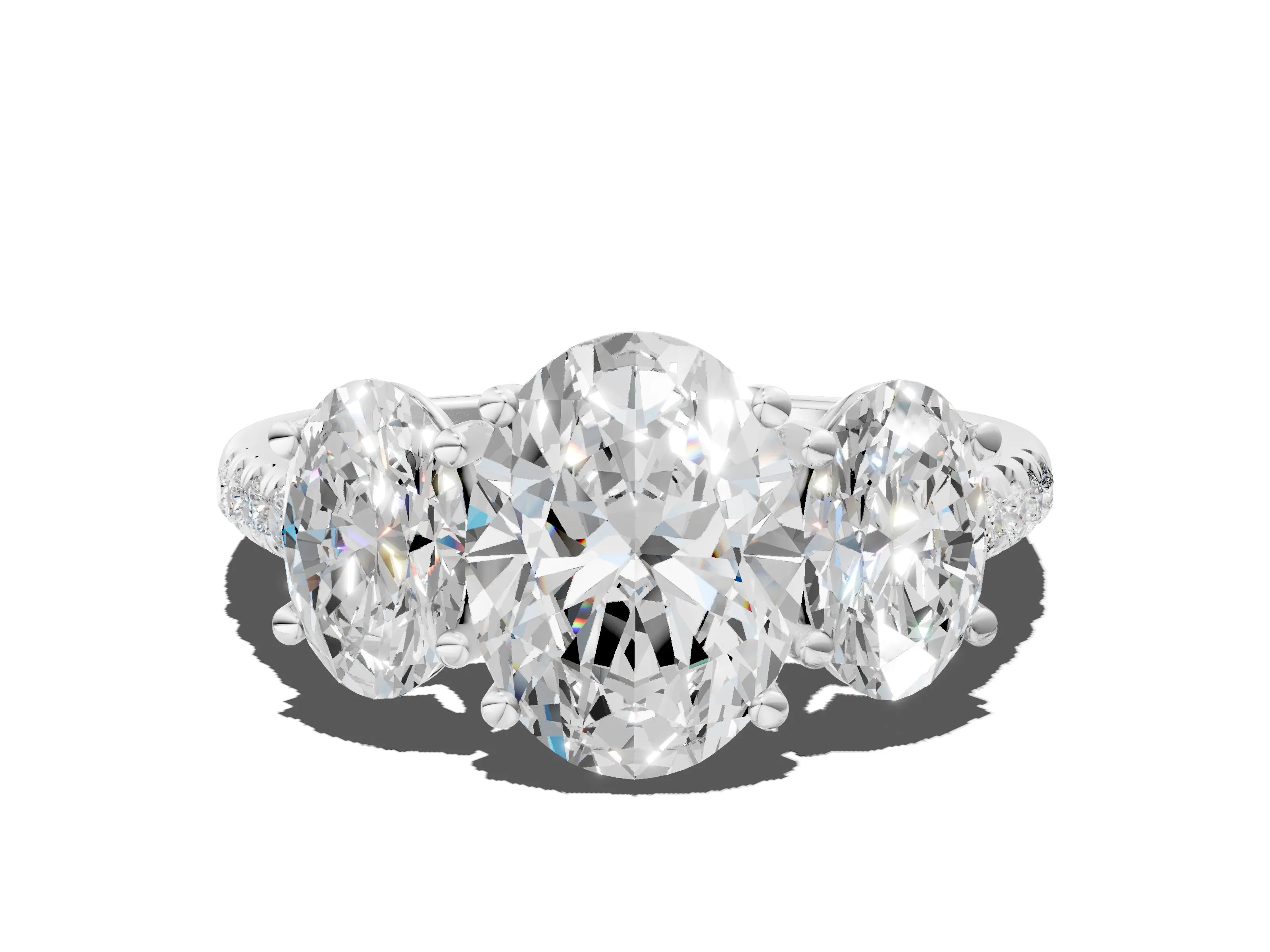 White gold Three-Stone Oval Cut Diamond Ring with Round with Moissanite side stone Pavé Band and Prong Setting