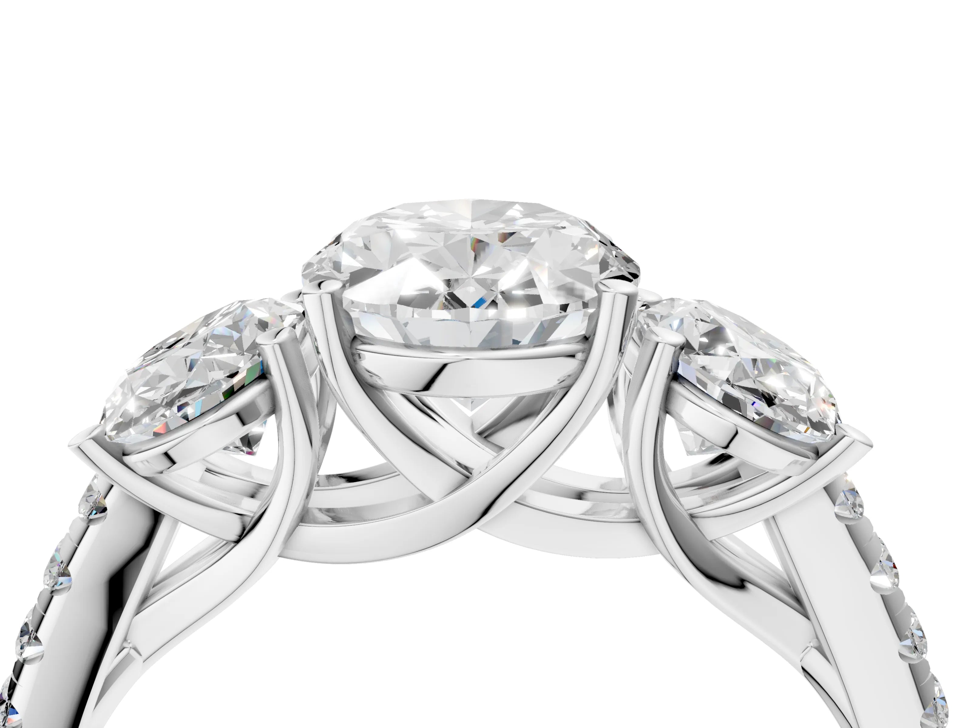 White gold Three-Stone Oval Cut Diamond Ring with Round with Moissanite side stone Pavé Band and Prong Setting_4