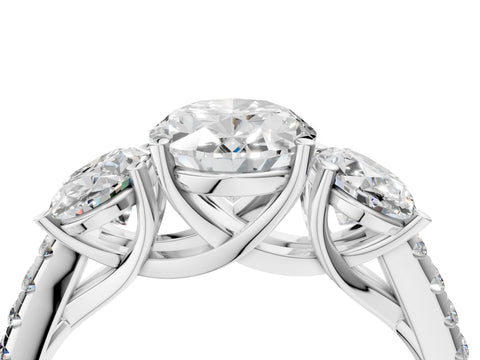 White gold Three-Stone Oval Cut Diamond Ring with Round with Moissanite side stone Pavé Band and Prong Setting_4