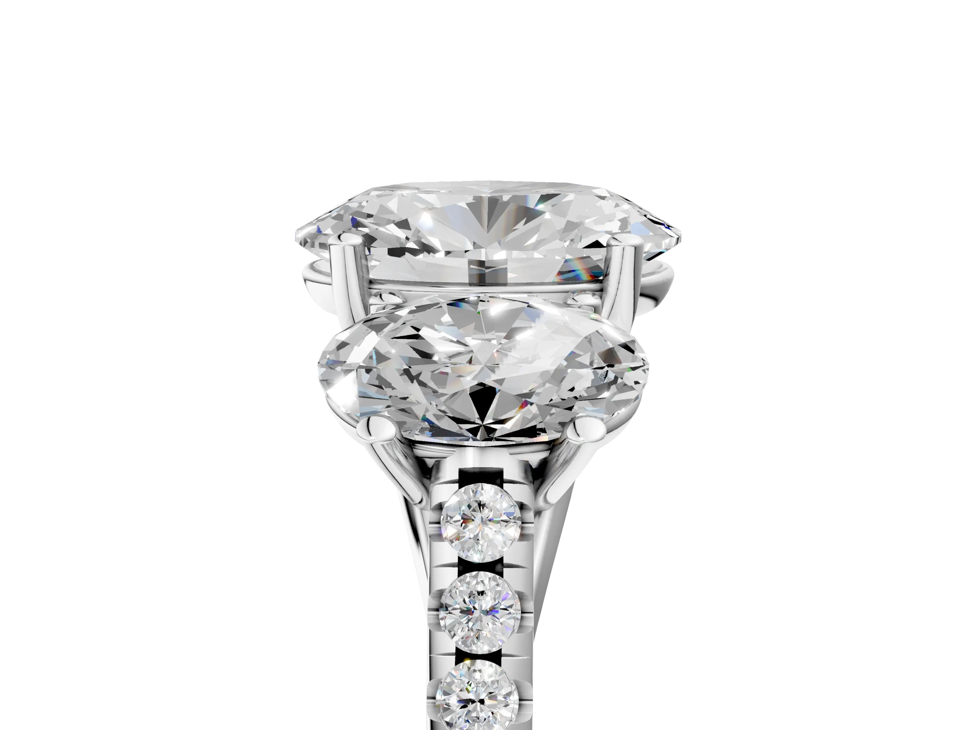 White gold Three-Stone Oval Cut Diamond Ring with Round with Moissanite side stone Pavé Band and Prong Setting_5