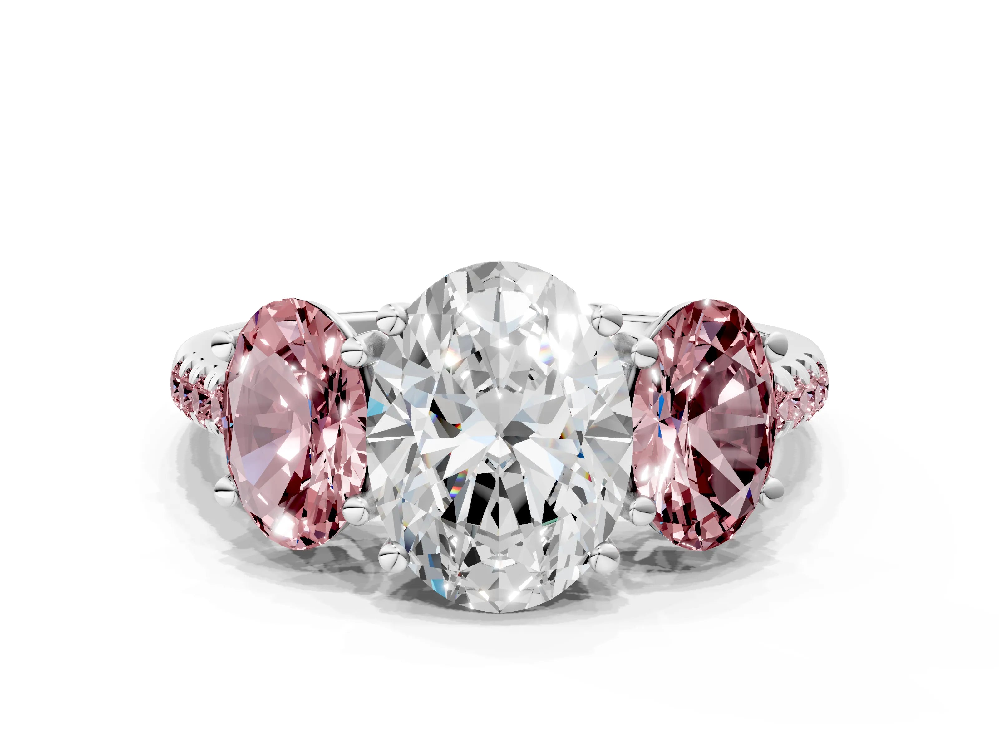 White gold Three-Stone Oval Cut Diamond Ring with Round with Morganite side stone Pavé Band and Prong Setting
