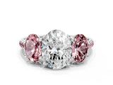 White gold Three-Stone Oval Cut Diamond Ring with Round with Morganite side stone Pavé Band and Prong Setting