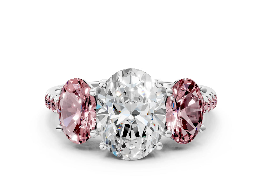White gold Three-Stone Oval Cut Diamond Ring with Round with Morganite side stone Pavé Band and Prong Setting_12