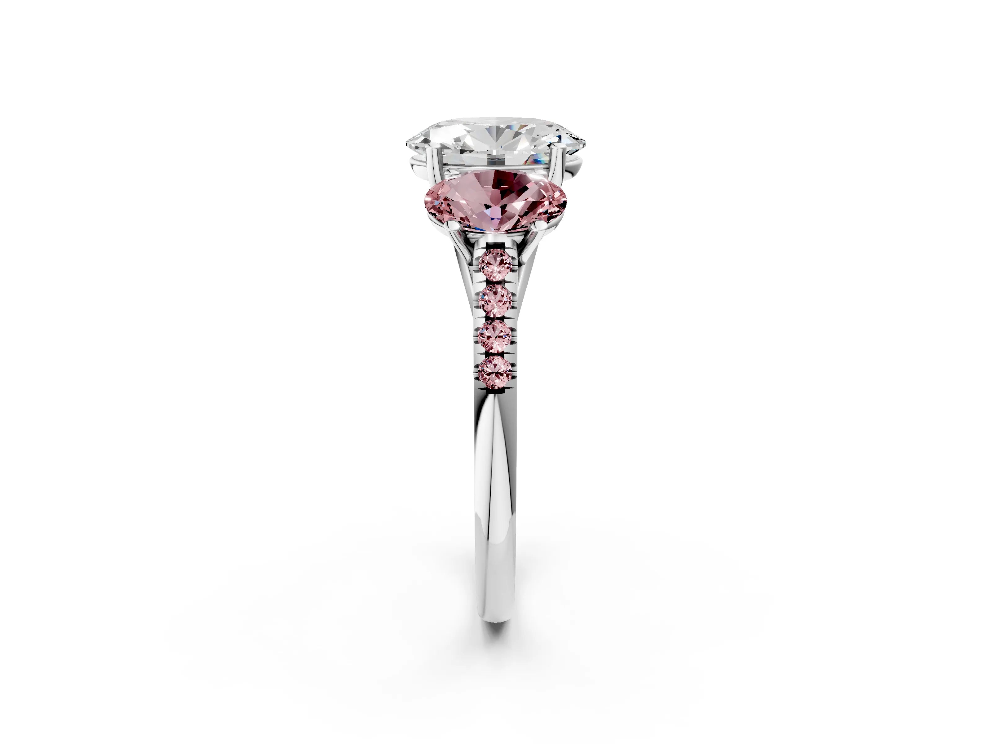White gold Three-Stone Oval Cut Diamond Ring with Round with Morganite side stone Pavé Band and Prong Setting_2