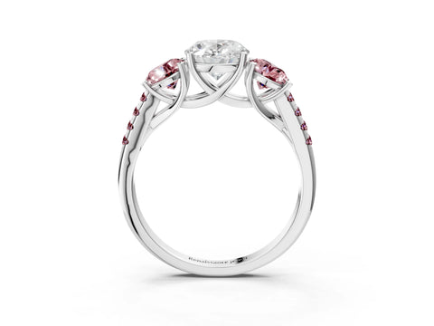 White gold Three-Stone Oval Cut Diamond Ring with Round with Morganite side stone Pavé Band and Prong Setting_3