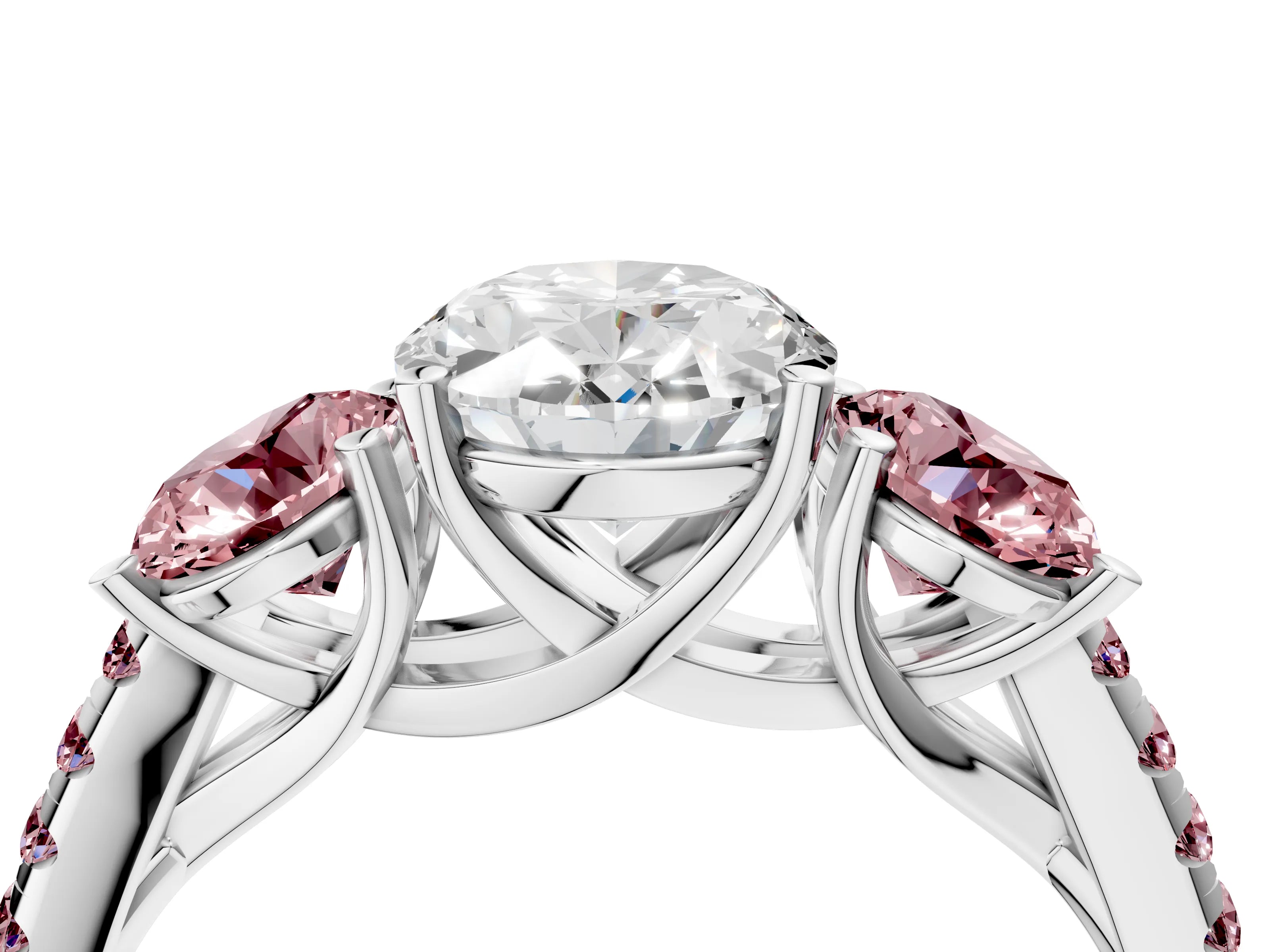White gold Three-Stone Oval Cut Diamond Ring with Round with Morganite side stone Pavé Band and Prong Setting_4