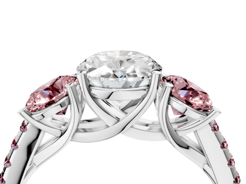 White gold Three-Stone Oval Cut Diamond Ring with Round with Morganite side stone Pavé Band and Prong Setting_4