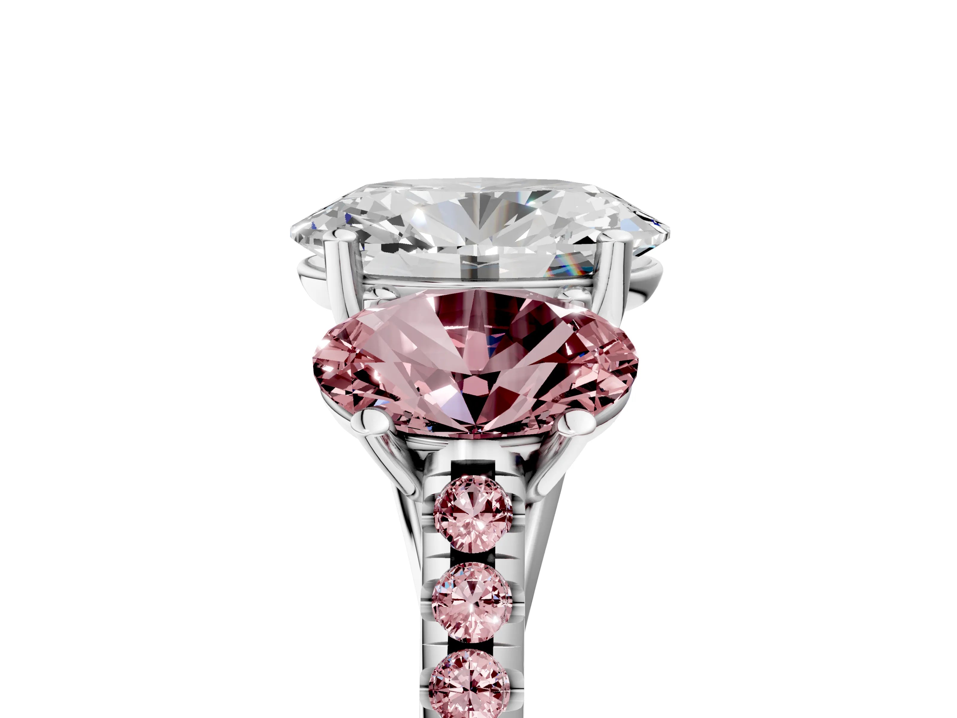 White gold Three-Stone Oval Cut Diamond Ring with Round with Morganite side stone Pavé Band and Prong Setting_5