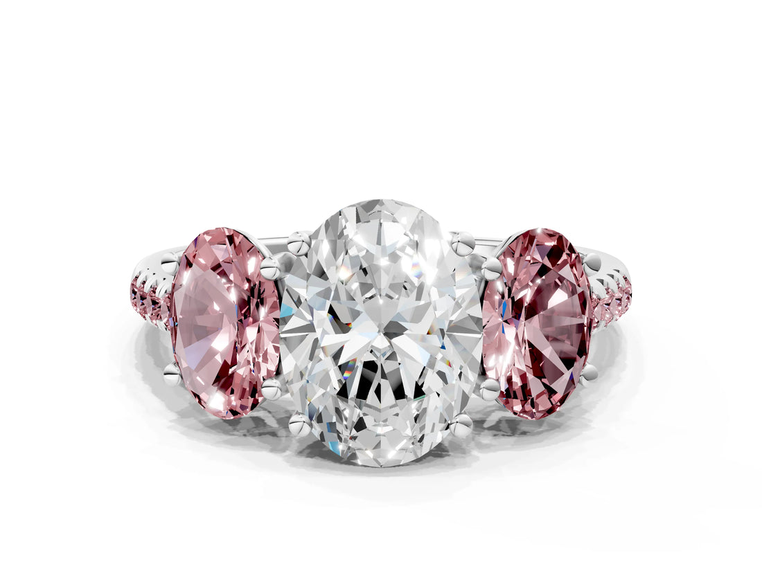 White gold Three-Stone Oval Cut Diamond Ring with Round with Morganite side stone Pavé Band and Prong Setting