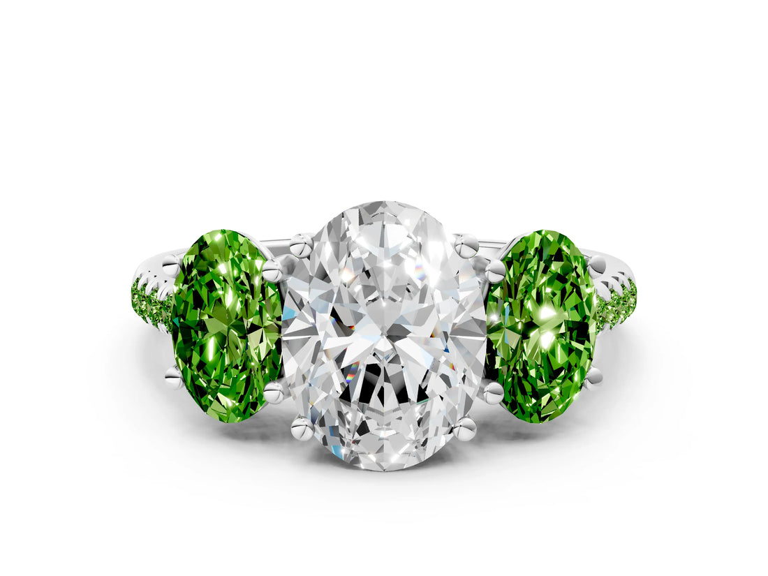 White gold Three-Stone Oval Cut Diamond Ring with Round with Peridot side stone Pavé Band and Prong Setting_12